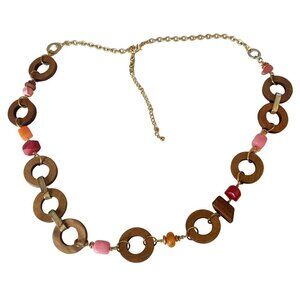 Chico’s Bristol Link Mixed-Media Necklace Pink Coral Wood Women’s
